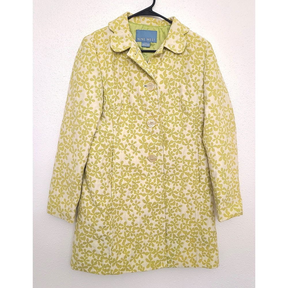 Nine West Sz M Lime Green Yellow Spring Floral Pea Coat Jacket Tailored Retro - Picture 2 of 11